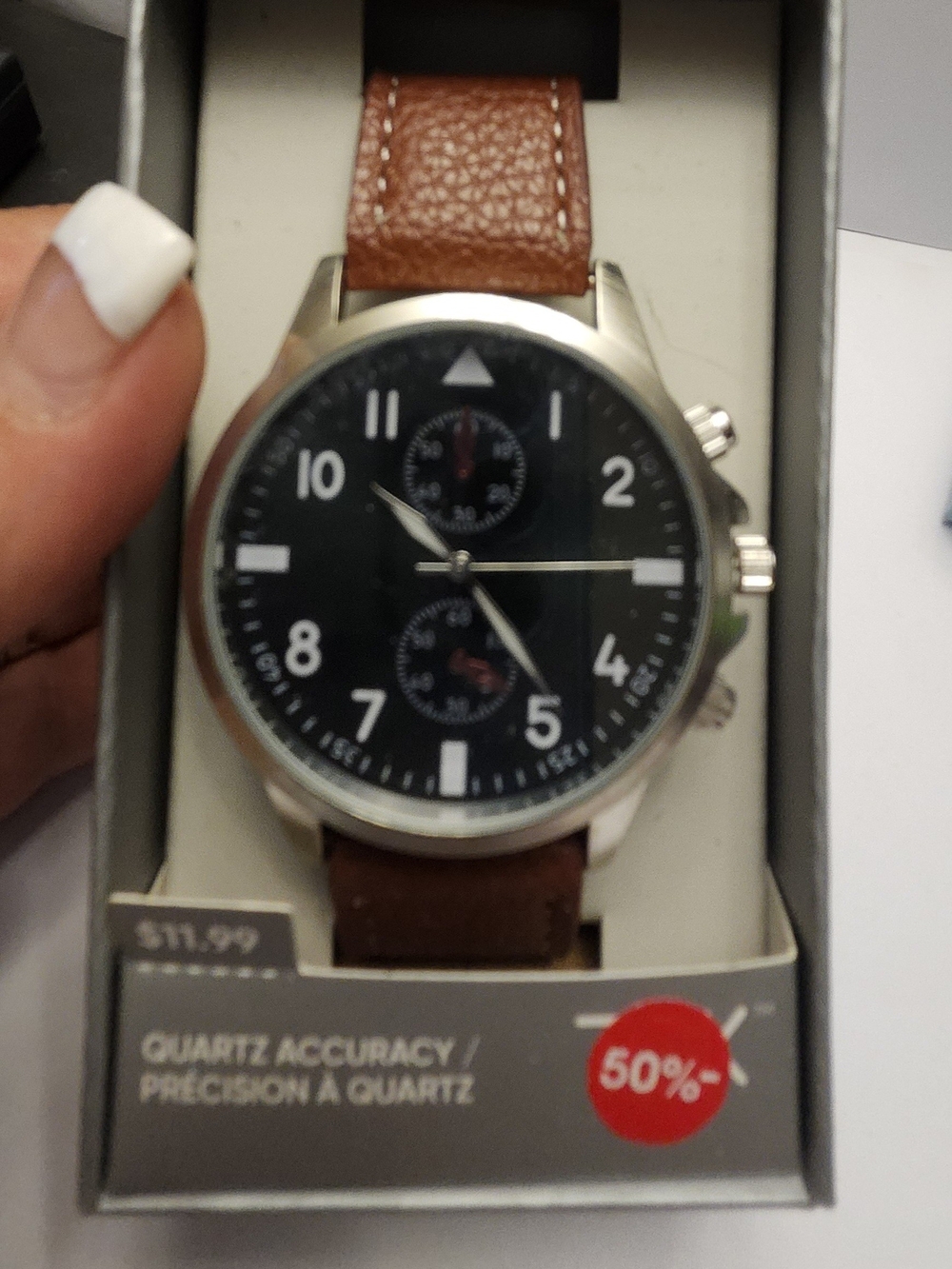 Men's Brown Leather Strap Chronograph Watch with Black Dial